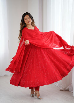 Red Pure Soft Fox Georgette Anarkali Suit Set With Huge Flair, Dupatta & Pant