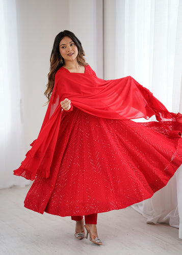 Red Pure Soft Fox Georgette Anarkali Suit Set With Huge Flair, Dupatta & Pant