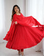 Red Pure Soft Fox Georgette Anarkali Suit Set With Huge Flair, Dupatta & Pant