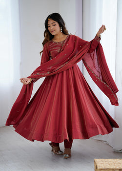 Maroon Pure Roman Shimmer Chanderi Silk Anarkali Suit Set With Huge Flair, Dupatta & Pant