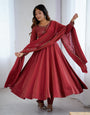 Maroon Pure Roman Shimmer Chanderi Silk Anarkali Suit Set With Huge Flair, Dupatta & Pant