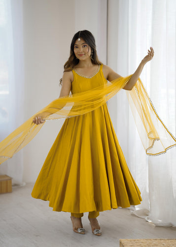 Yellow Pure Roman Silk Chanderi Anarkali Suit Set With Huge Flair, Dupatta & Pant