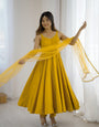 Yellow Pure Roman Silk Chanderi Anarkali Suit Set With Huge Flair, Dupatta & Pant