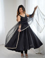Black Pure Roman Silk Chanderi Anarkali Suit Set With Huge Flair, Dupatta & Pant