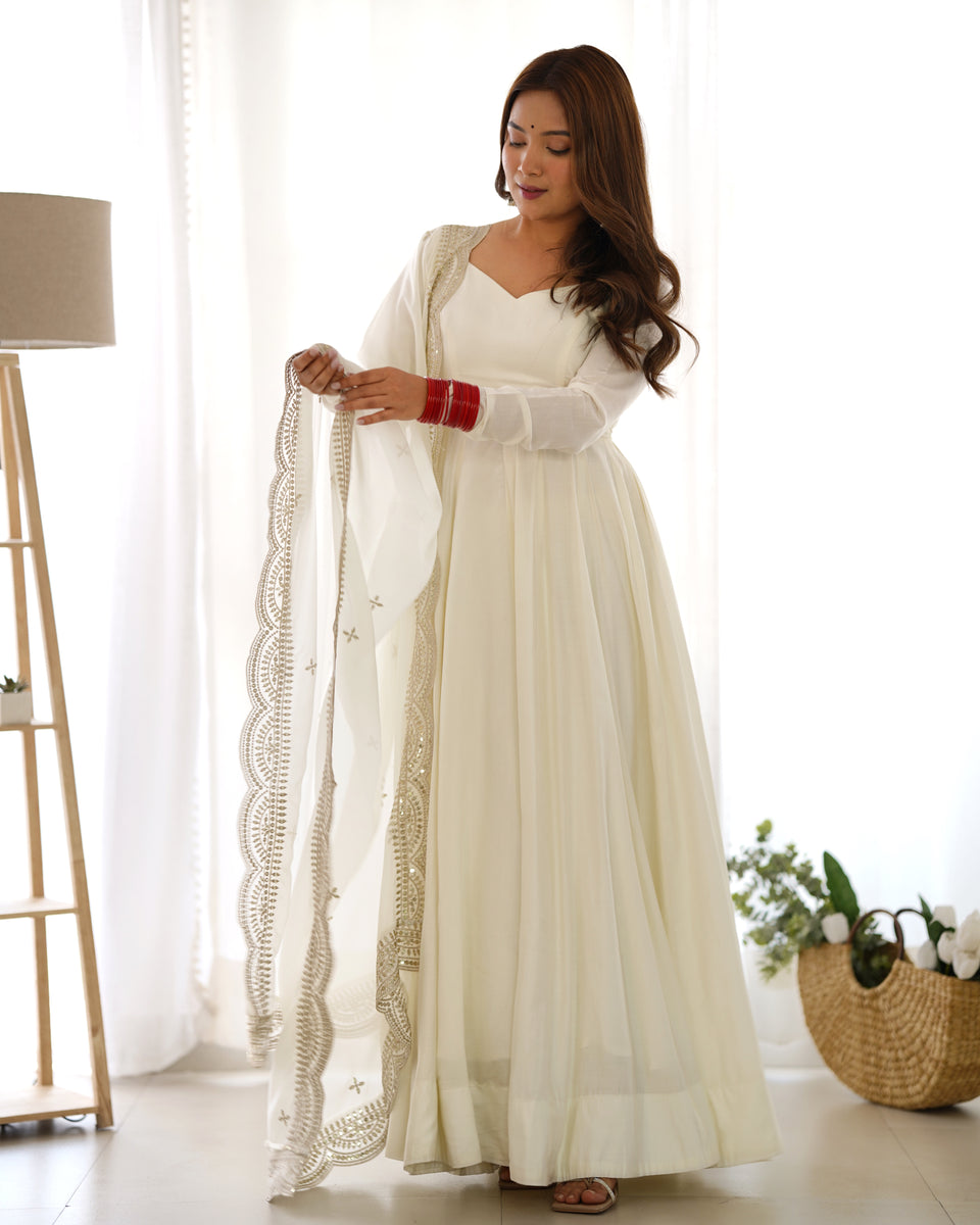 Elegant Roman Silk Chikankari Anarkali Set With Dupatta