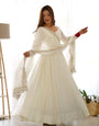 Off White Pure Roman Silk Chanderi Anarkali Suit Set With Huge Flair, Dupatta & Pant