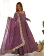 Mauve Pure Roman Silk Chanderi Anarkali Suit Set With Huge Flair, Dupatta & Pant