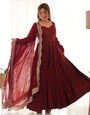 Maroon Pure Roman Silk Chanderi Anarkali Suit Set With Huge Flair, Dupatta & Pant