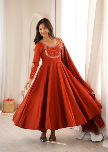 Rust Pure Roman Chanderi Silk Anarkali Suit Set With Embroidery Work