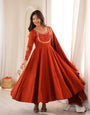 Rust Pure Roman Chanderi Silk Anarkali Suit Set With Embroidery Work