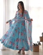 Sky Blue Pure Soft Fox Georgette Anarkali Suit Set With Huge Flair, Dupatta & Pant