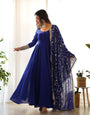 Royal Blue Pure Soft Fox Georgette Anarkali Suit Set With Huge Flair, Dupatta & Pant