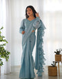 Ice Grey Ready-To-Wear Jimmy Choo Organza Saree With Ruffle