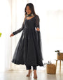 Black Pure Soft Fox Georgette Anarkali Suit Set With Huge Flair, Dupatta & Pant