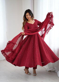 Maroon Pure Soft Fox Georgette Anarkali Suit Set With Huge Flair, Dupatta & Pant
