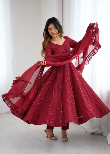 Maroon Pure Soft Fox Georgette Anarkali Suit Set With Huge Flair, Dupatta & Pant