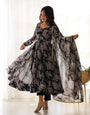 Black Pure Soft Fox Georgette Anarkali Suit Set With Huge Flair, Dupatta & Pant