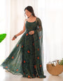 Dark Green Pure Soft Lightweight Chiffon Bandhej Anarkali Suit Set With Huge Flair, Dupatta & Pant