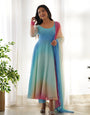 Sky Blue Pure Soft Fox Georgette Anarkali Suit Set With Huge Flair, Dupatta & Pant