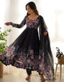 Black Pure Soft Organza Anarkali Suit Set With Huge Flair, Dupatta & Pant