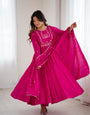 Dark Pink Pure Roman Chanderi Silk Anarkali Suit Set With Huge Flair, Dupatta & Pant