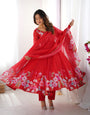 Red Pure Soft Organza Silk Anarkali Suit Set With Huge Flair, Dupatta & Pant