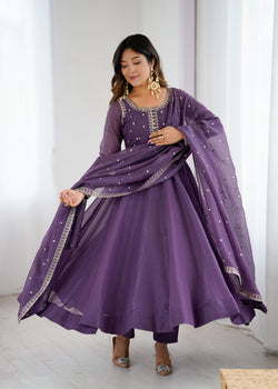 Mauve Pure Crunchy Silk Anarkali Suit Set With Huge Flair, Dupatta & Pant