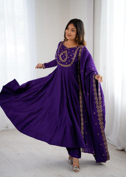 Purple Pure Roman Chanderi Silk Anarkali Suit Set With Huge Flair, Dupatta & Pant