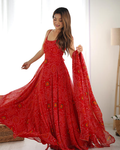 Red Pure Soft Lightweight Chiffon Bandhej Anarkali Suit Set With Huge Flair, Dupatta & Pant