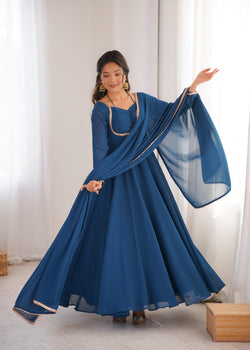 Teal Blue Pure Fox Blooming Georgette Anarkali Suit Set