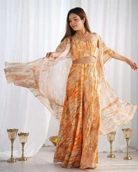 Yellow Pure Soft Fox Georgette Floral Indo Western Set