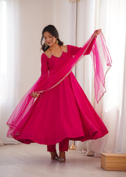 Dark Pink Pure Roman Silk Chanderi Anarkali Suit Set