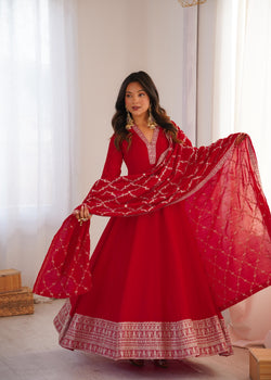 Red Pure Blooming Vichitra Silk Anarkali Suit Set