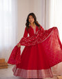 Red Pure Blooming Vichitra Silk Anarkali Suit Set