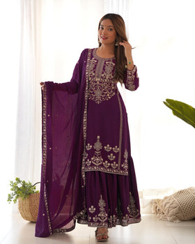 Purple Pure Chinon Silk Kurta Suit Set With Embroidery Work