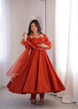 Rust Pure Roman Silk Chanderi Anarkali Suit Set With Mirror Lace Work