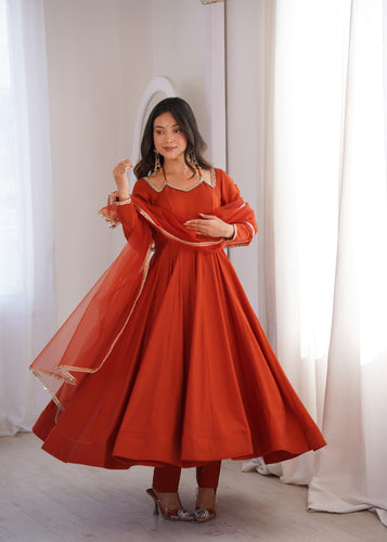 Rust Pure Roman Silk Chanderi Anarkali Suit Set With Mirror Lace Work