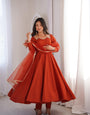 Rust Pure Roman Silk Chanderi Anarkali Suit Set With Mirror Lace Work