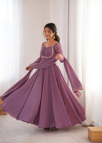 Mauve Pink Pure Fox Blooming Georgette Anarkali Dress With Dupatta