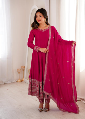 Pink Pure Blooming Vichitra Silk Anarkali Suit Set With Embroidery Work