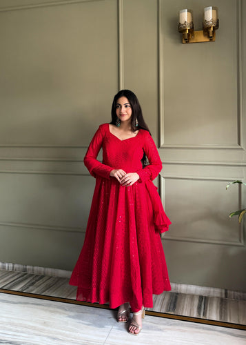 Red Soft Fox Georgette Anarkali Suit Set With Lucknowi Sequence Work