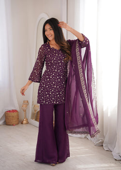 Wine Crunchy Silk Kurta Suit Set With Embroidery Work