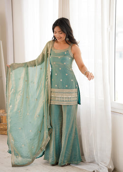 Sea Green Frendy Silk Kurta Suit Set With Embroidery Work