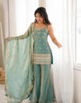 Sea Green Frendy Silk Kurta Suit Set With Embroidery Work