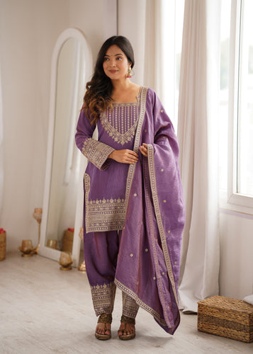 Onion Pink Vichitra Silk Kurta Suit Set With Embroidery Work