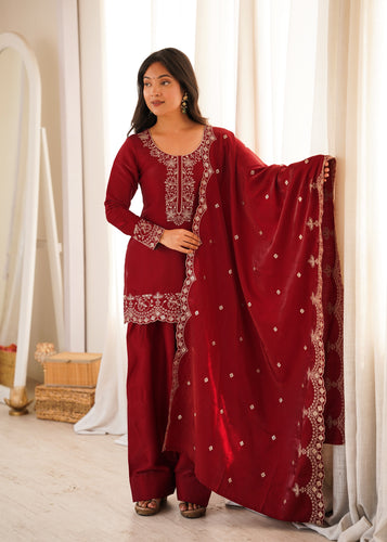 Maroon Glass Roman Silk Kurta Suit Set With Embroidery Work
