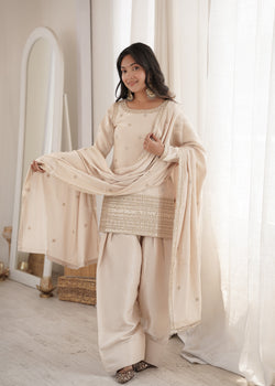 Cream Glass Roman Silk Kurta Suit Set With Embroidery Work
