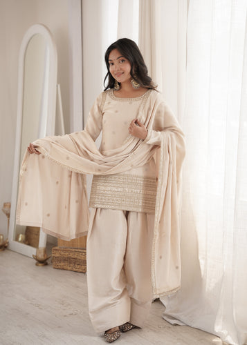 Cream Glass Roman Silk Kurta Suit Set With Embroidery Work