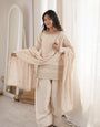 Cream Glass Roman Silk Kurta Suit Set With Embroidery Work