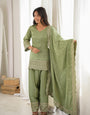 Green Glass Roman Silk Kurta Suit Set With Embroidery Work